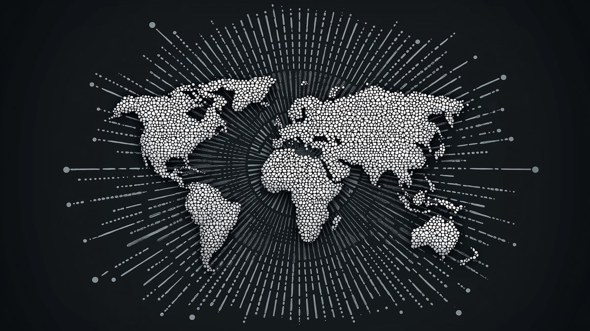 Stippled Global Burst Mural Wallpaper | Dark Monochrome, Pointillism Map, Central Radiating Energy