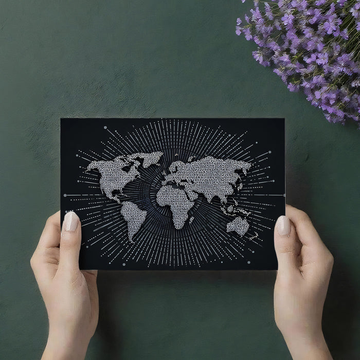 Stippled Global Burst Mural Wallpaper | Dark Monochrome, Pointillism Map, Central Radiating Energy