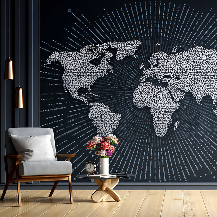 Stippled Global Burst Mural Wallpaper | Dark Monochrome, Pointillism Map, Central Radiating Energy