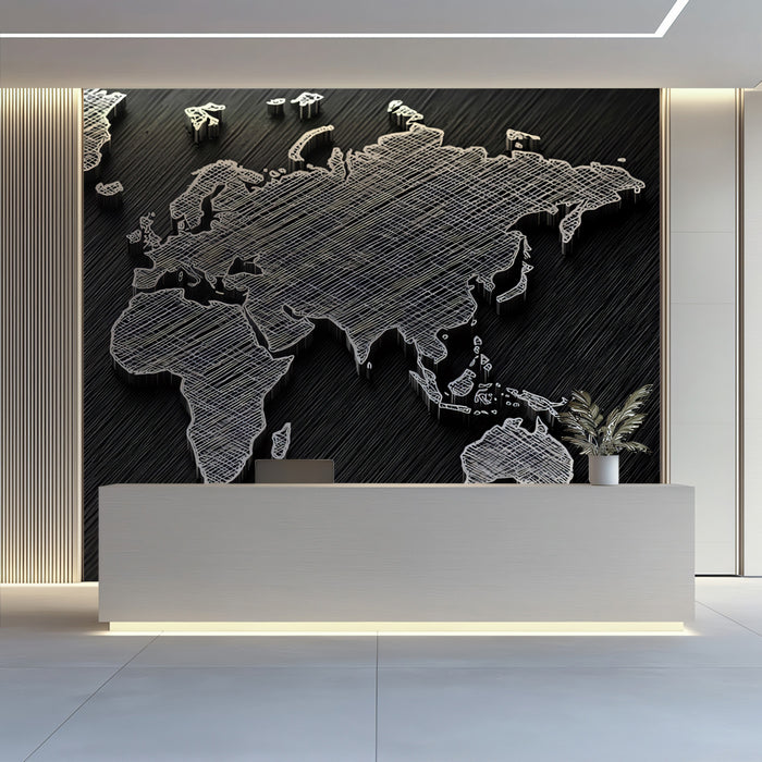 Engraved Sketch World Map Mural Wallpaper | Etched Lines, Charcoal Texture, Artistic Cartography