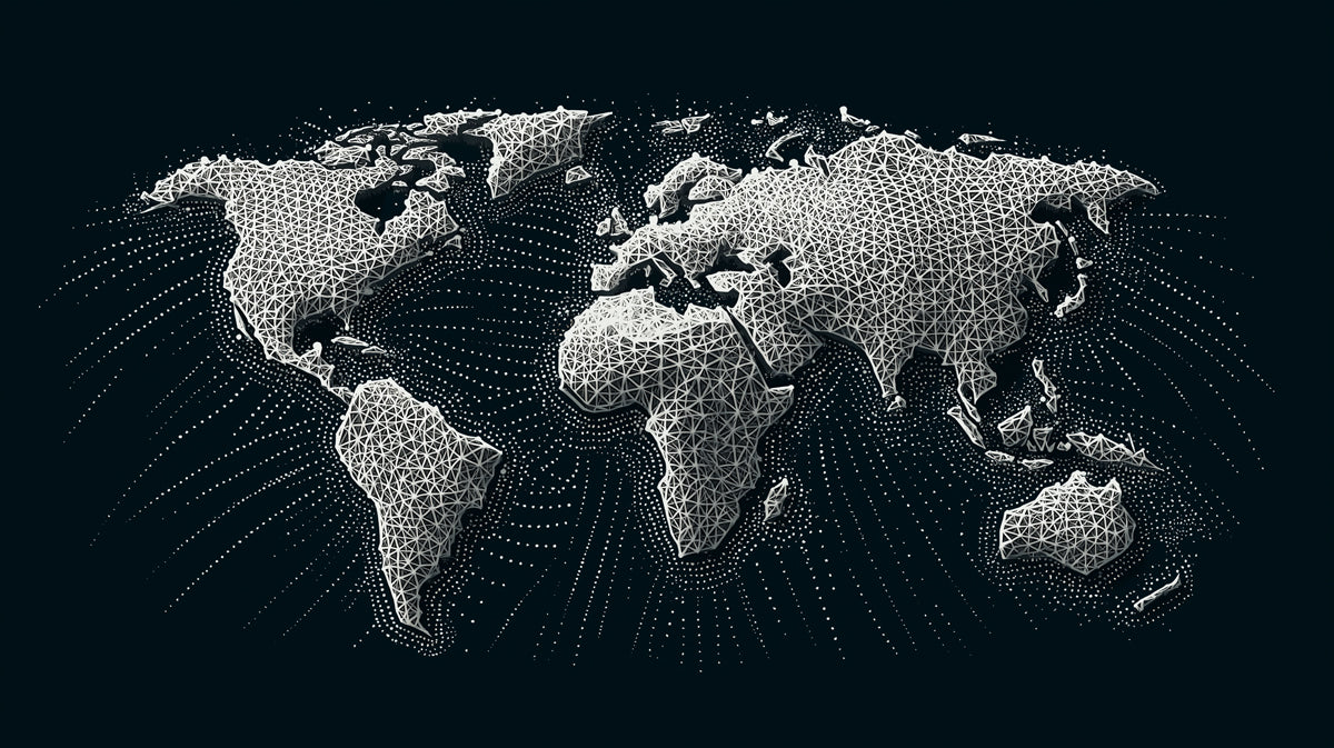 Polygonal Mesh World Map Mural Wallpaper | Low-Poly Relief, High-Tech Connectivity, Abstract Global Data