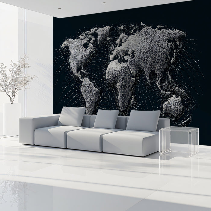 Polygonal Mesh World Map Mural Wallpaper | Low-Poly Relief, High-Tech Connectivity, Abstract Global Data