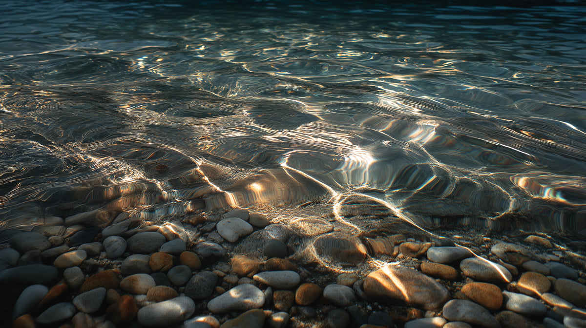Deep Water Pebble Shore Mural Wallpaper | Sunlit Riffles, Dark Ocean, Natural Earth Tones