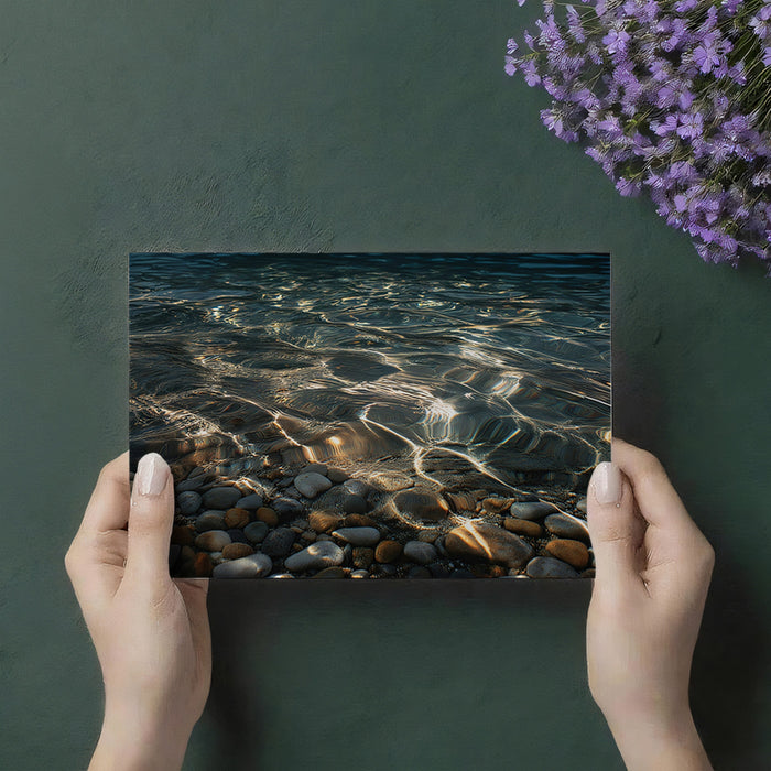 Deep Water Pebble Shore Mural Wallpaper | Sunlit Riffles, Dark Ocean, Natural Earth Tones