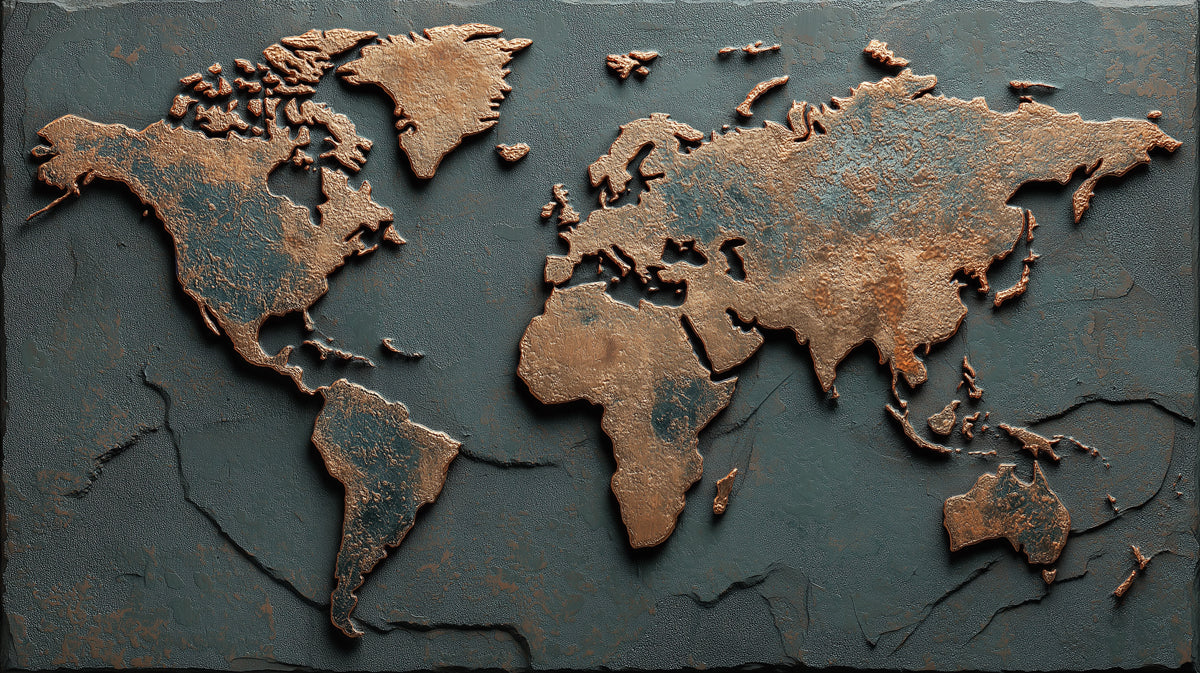 Aged Copper and Slate World Map Mural Wallpaper | Oxidized Metal Relief, Rustic Patina, Elemental Earth Art