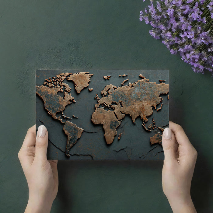 Aged Copper and Slate World Map Mural Wallpaper | Oxidized Metal Relief, Rustic Patina, Elemental Earth Art