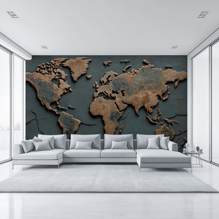 Aged Copper and Slate World Map Mural Wallpaper | Oxidized Metal Relief, Rustic Patina, Elemental Earth Art