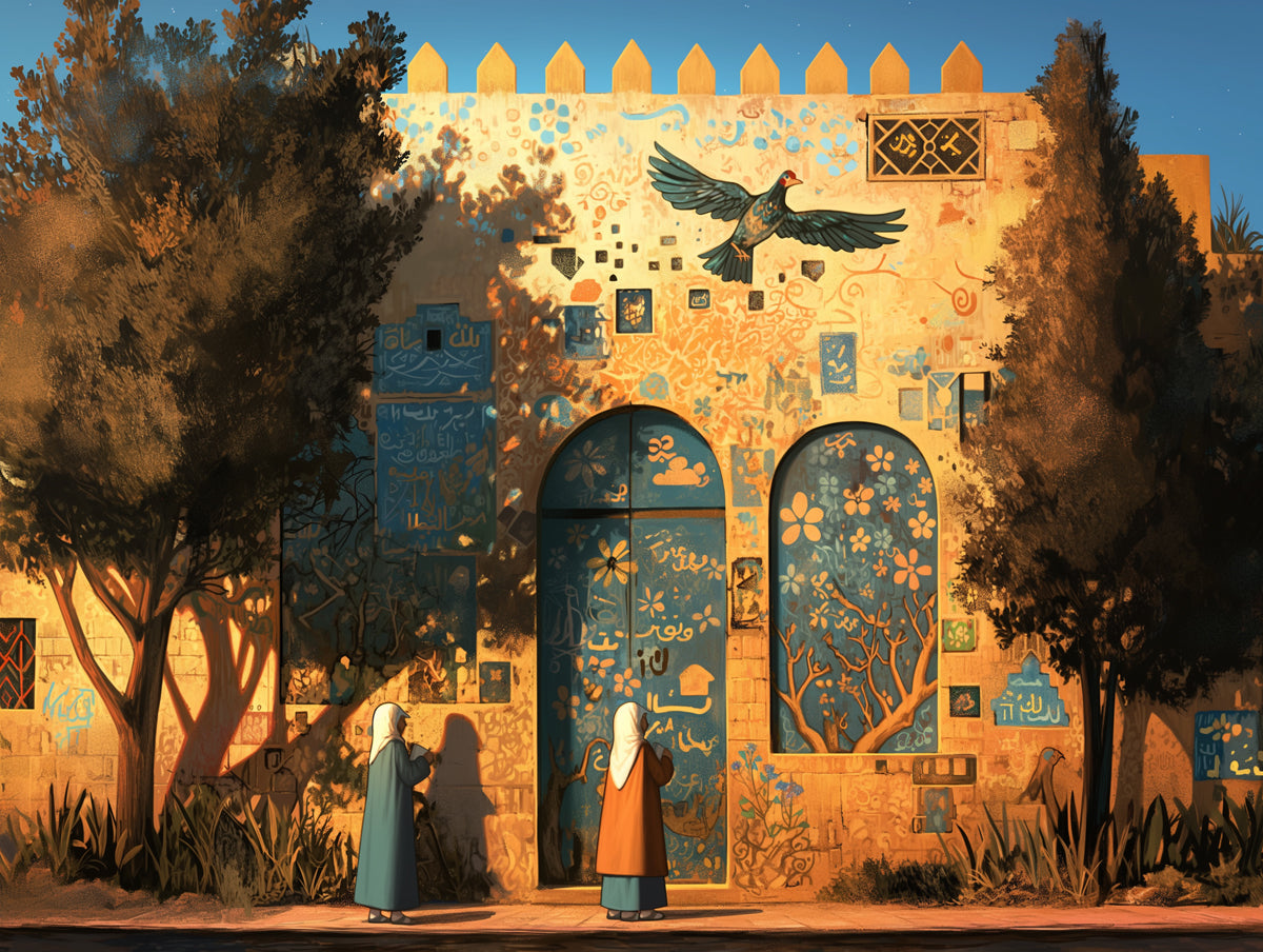 Mediterranean Village Mural Wallpaper in Living Room | Various Colors (Yellow, Blue, Green, etc.)