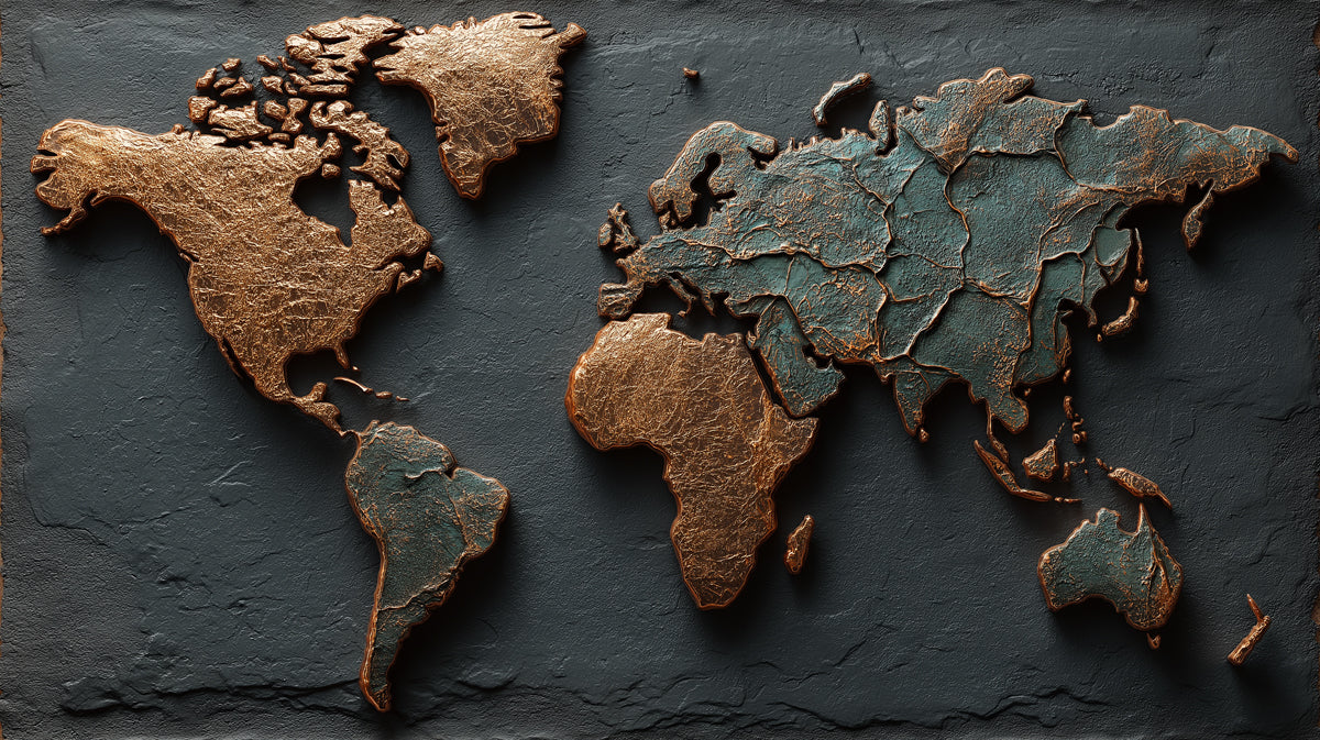 Dual-Tone Patina World Map Mural Wallpaper | Copper and Verdigris Relief, Dark Slate Background, Dramatic Contrast