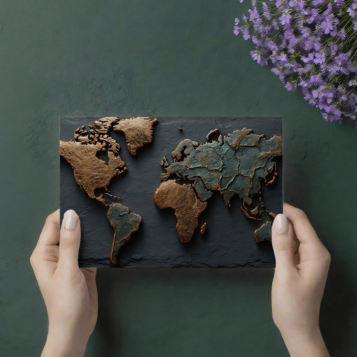 Dual-Tone Patina World Map Mural Wallpaper | Copper and Verdigris Relief, Dark Slate Background, Dramatic Contrast