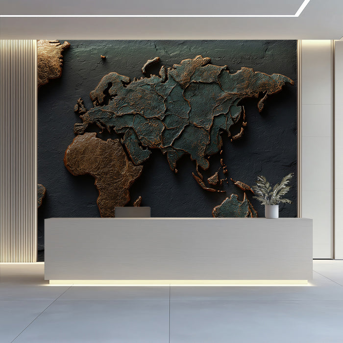 Dual-Tone Patina World Map Mural Wallpaper | Copper and Verdigris Relief, Dark Slate Background, Dramatic Contrast