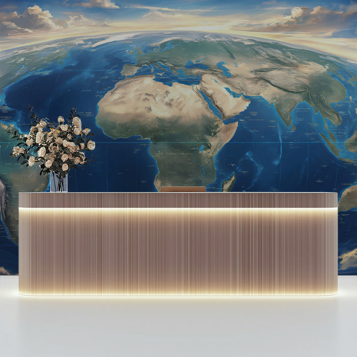 Wide-Angle Global View Mural Wallpaper | Cinematic Earth, Blue Oceans, Dramatic Horizon Perspective