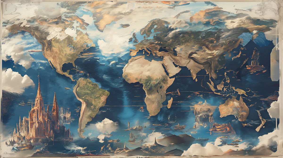 Fantasy Sky-World Map Mural Wallpaper | Surreal Landscape, Floating Castles, Painterly Clouds