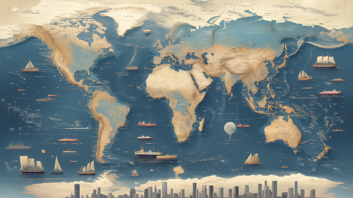 Nautical Exploration World Map Mural Wallpaper | Ocean Shipping Routes, Ship Illustration, Vintage Map Style