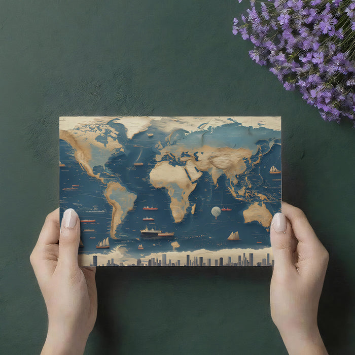 Nautical Exploration World Map Mural Wallpaper | Ocean Shipping Routes, Ship Illustration, Vintage Map Style