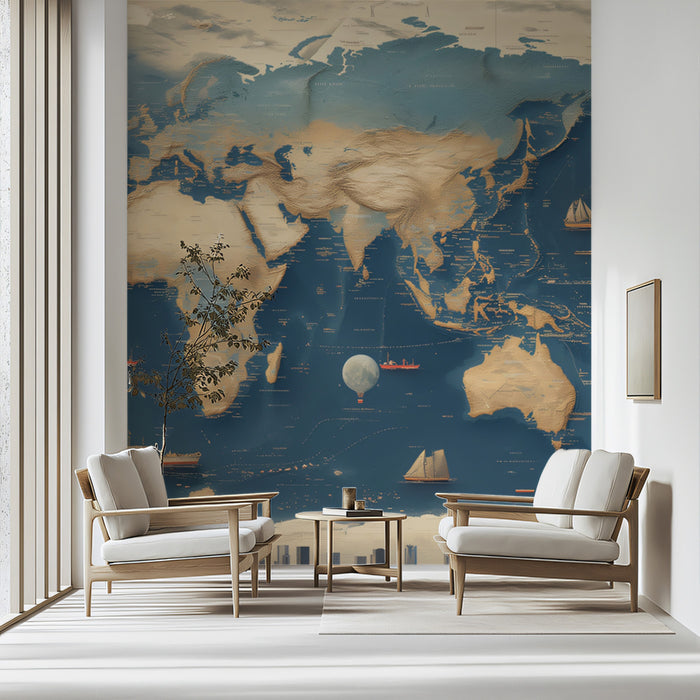 Nautical Exploration World Map Mural Wallpaper | Ocean Shipping Routes, Ship Illustration, Vintage Map Style