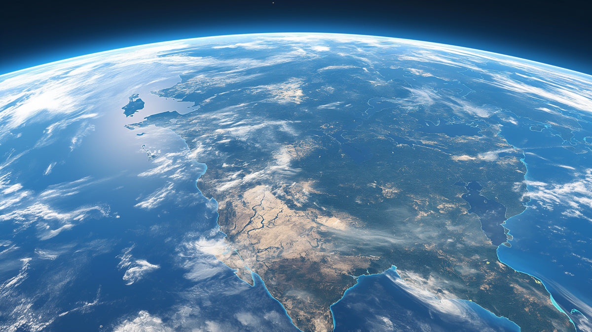 Low-Horizon Earth View Mural Wallpaper | Cinematic Perspective, Detailed Asia Coastline, Curving Planet