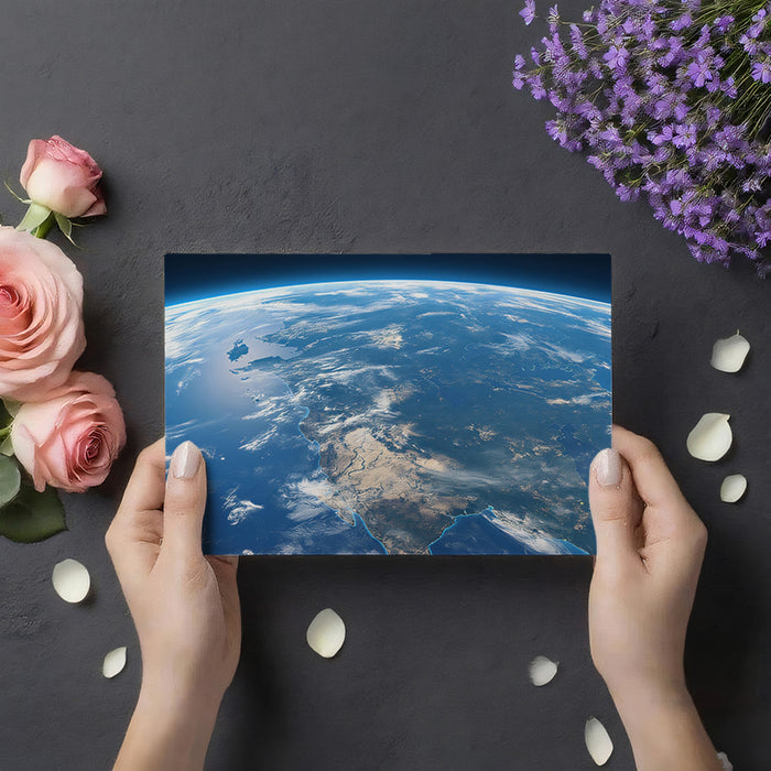 Low-Horizon Earth View Mural Wallpaper | Cinematic Perspective, Detailed Asia Coastline, Curving Planet