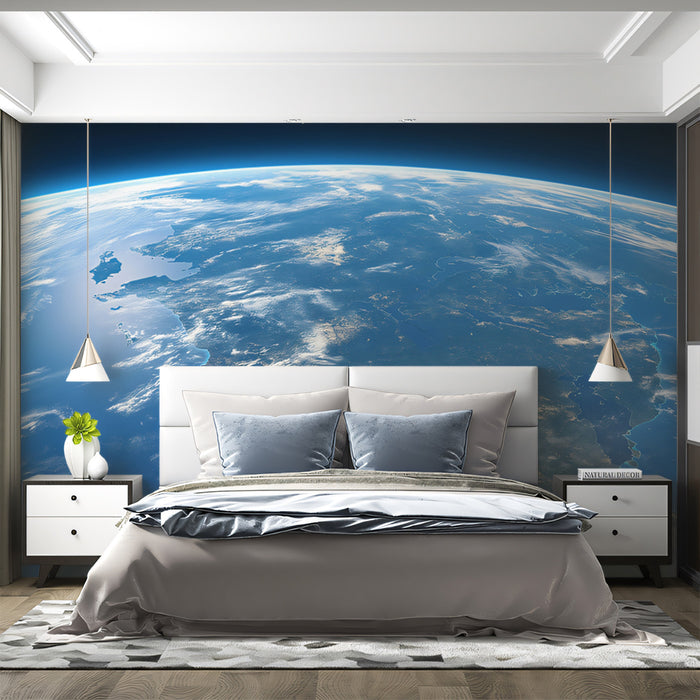 Low-Horizon Earth View Mural Wallpaper | Cinematic Perspective, Detailed Asia Coastline, Curving Planet