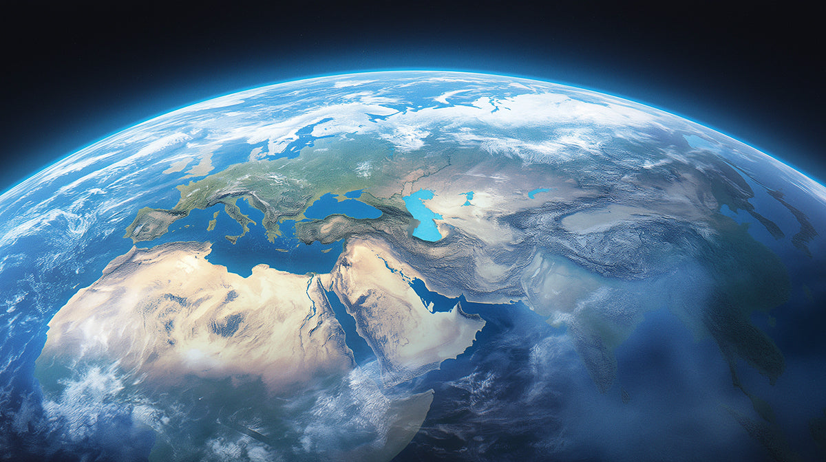 Orbital Earth View Mural Wallpaper | High-Definition Globe, Europe and Asia Focus, Warm/Cool Contrast