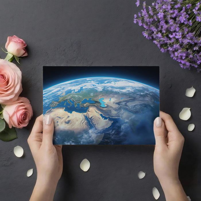 Orbital Earth View Mural Wallpaper | High-Definition Globe, Europe and Asia Focus, Warm/Cool Contrast