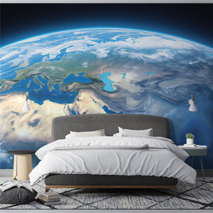 Orbital Earth View Mural Wallpaper | High-Definition Globe, Europe and Asia Focus, Warm/Cool Contrast