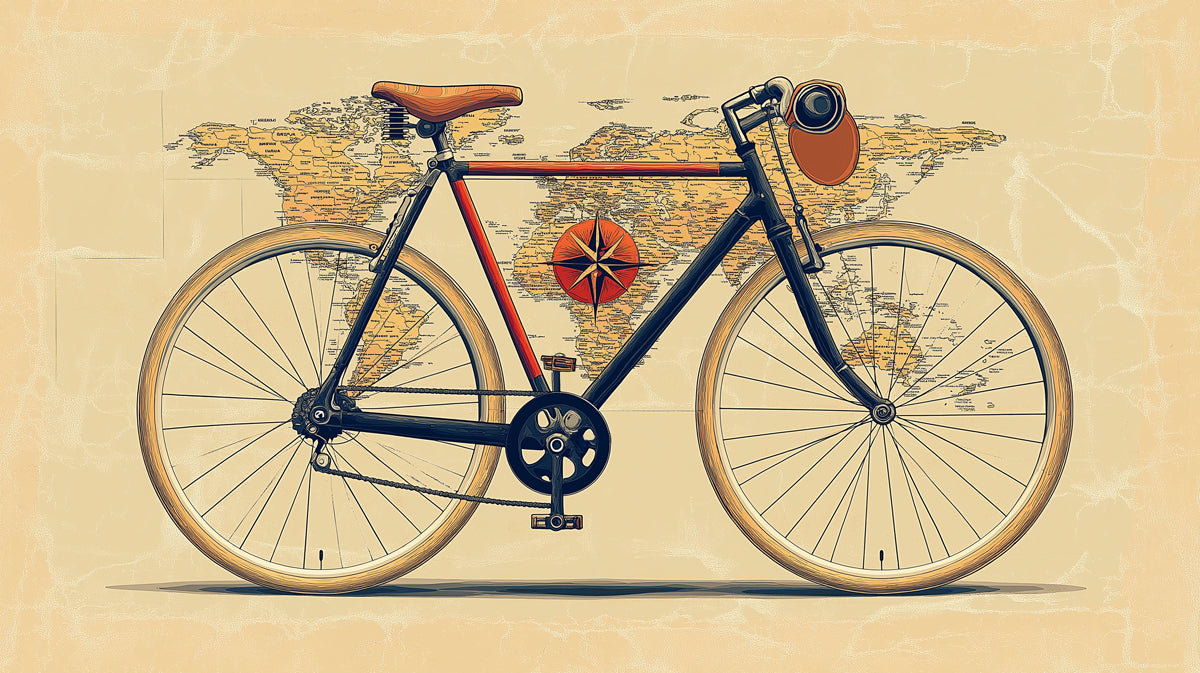 Vintage Bicycle on World Map Mural Wallpaper | Retro Travel Art, Compass Rose Detail, Warm Tones