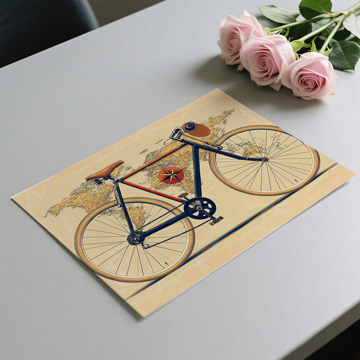 Vintage Bicycle on World Map Mural Wallpaper | Retro Travel Art, Compass Rose Detail, Warm Tones