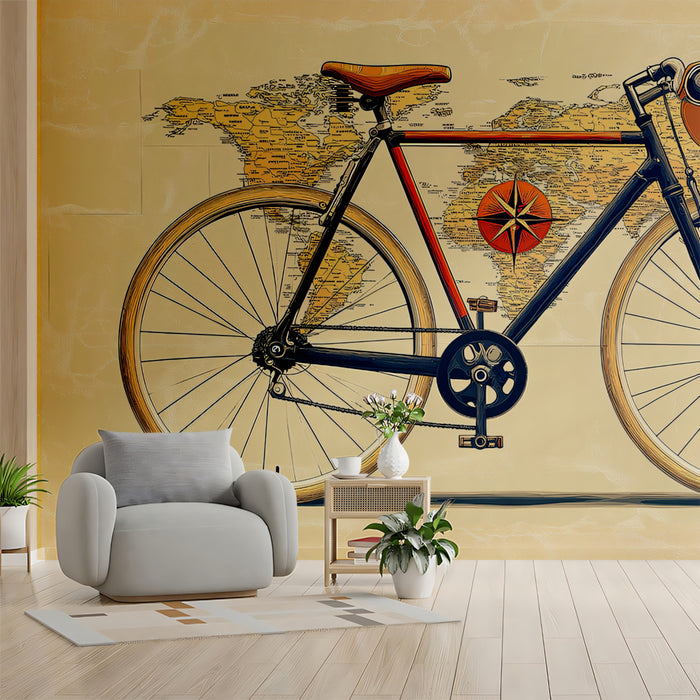 Vintage Bicycle on World Map Mural Wallpaper | Retro Travel Art, Compass Rose Detail, Warm Tones