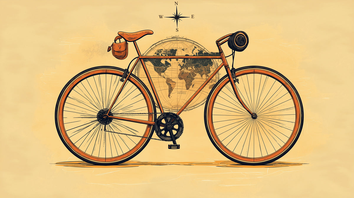 Minimalist Orange Bicycle on Globe Mural Wallpaper | Global Journey, Clean Lines, Warm Monochromatic Style