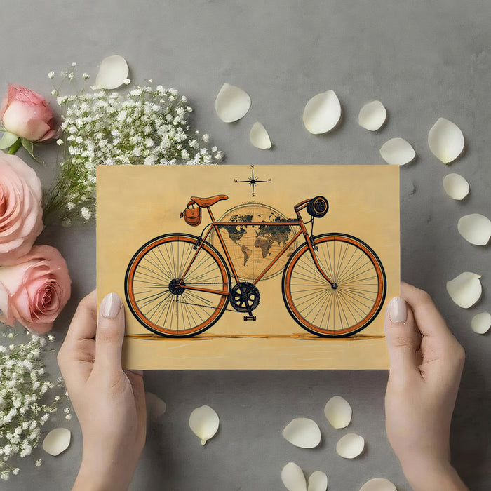 Minimalist Orange Bicycle on Globe Mural Wallpaper | Global Journey, Clean Lines, Warm Monochromatic Style