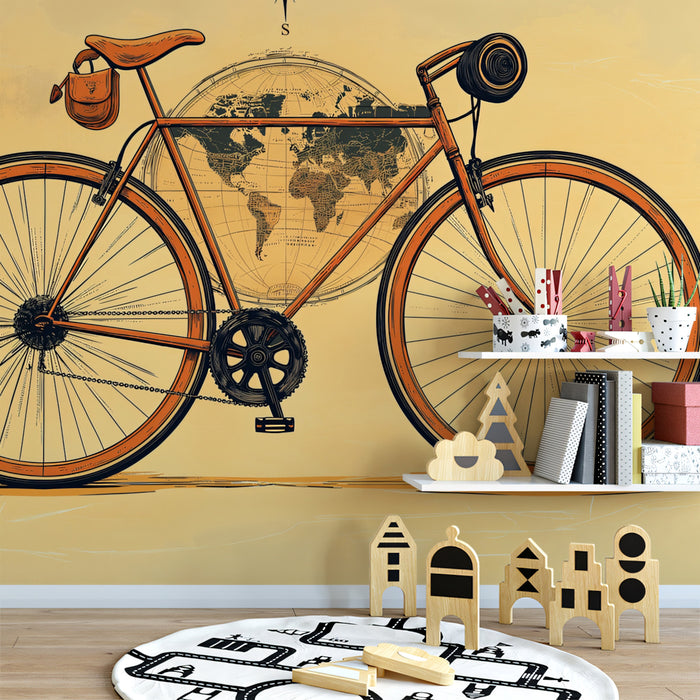 Minimalist Orange Bicycle on Globe Mural Wallpaper | Global Journey, Clean Lines, Warm Monochromatic Style