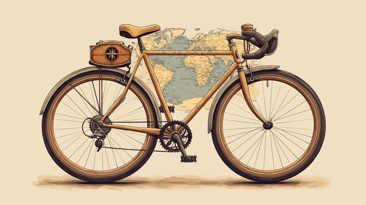Brown Touring Bicycle on Vintage Map Mural Wallpaper | Retro Cycling Theme, Sepia Tones, World Travel