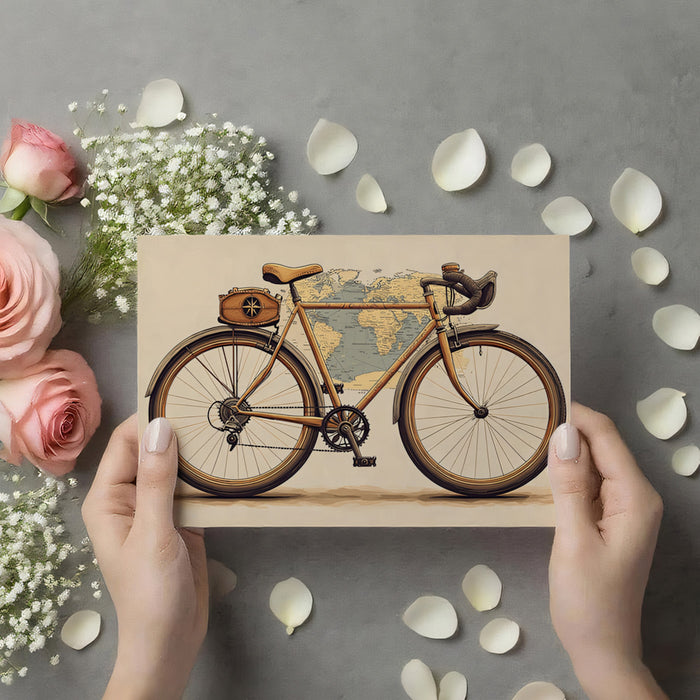 Brown Touring Bicycle on Vintage Map Mural Wallpaper | Retro Cycling Theme, Sepia Tones, World Travel