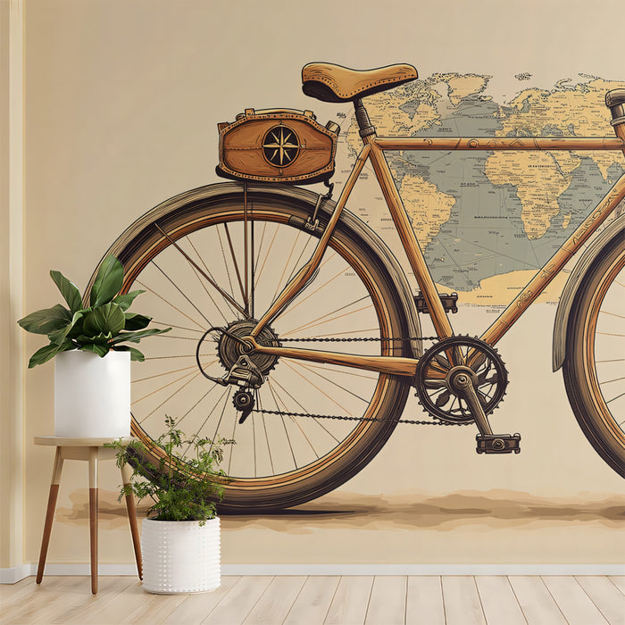 Brown Touring Bicycle on Vintage Map Mural Wallpaper | Retro Cycling Theme, Sepia Tones, World Travel
