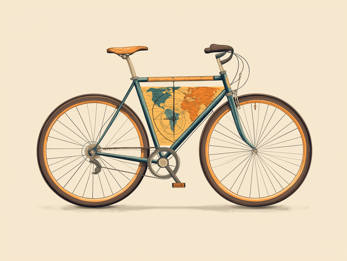 Graphic Bicycle with Map Frame Mural Wallpaper | Stylized Travel Art, Blue/Orange Contrast, Contemporary Retro