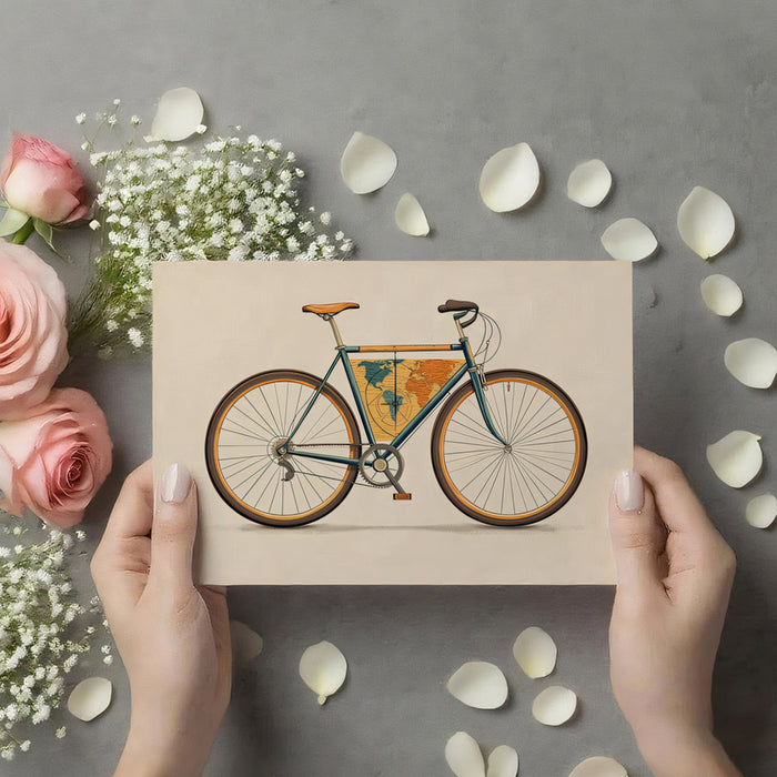 Graphic Bicycle with Map Frame Mural Wallpaper | Stylized Travel Art, Blue/Orange Contrast, Contemporary Retro