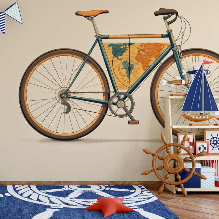 Graphic Bicycle with Map Frame Mural Wallpaper | Stylized Travel Art, Blue/Orange Contrast, Contemporary Retro