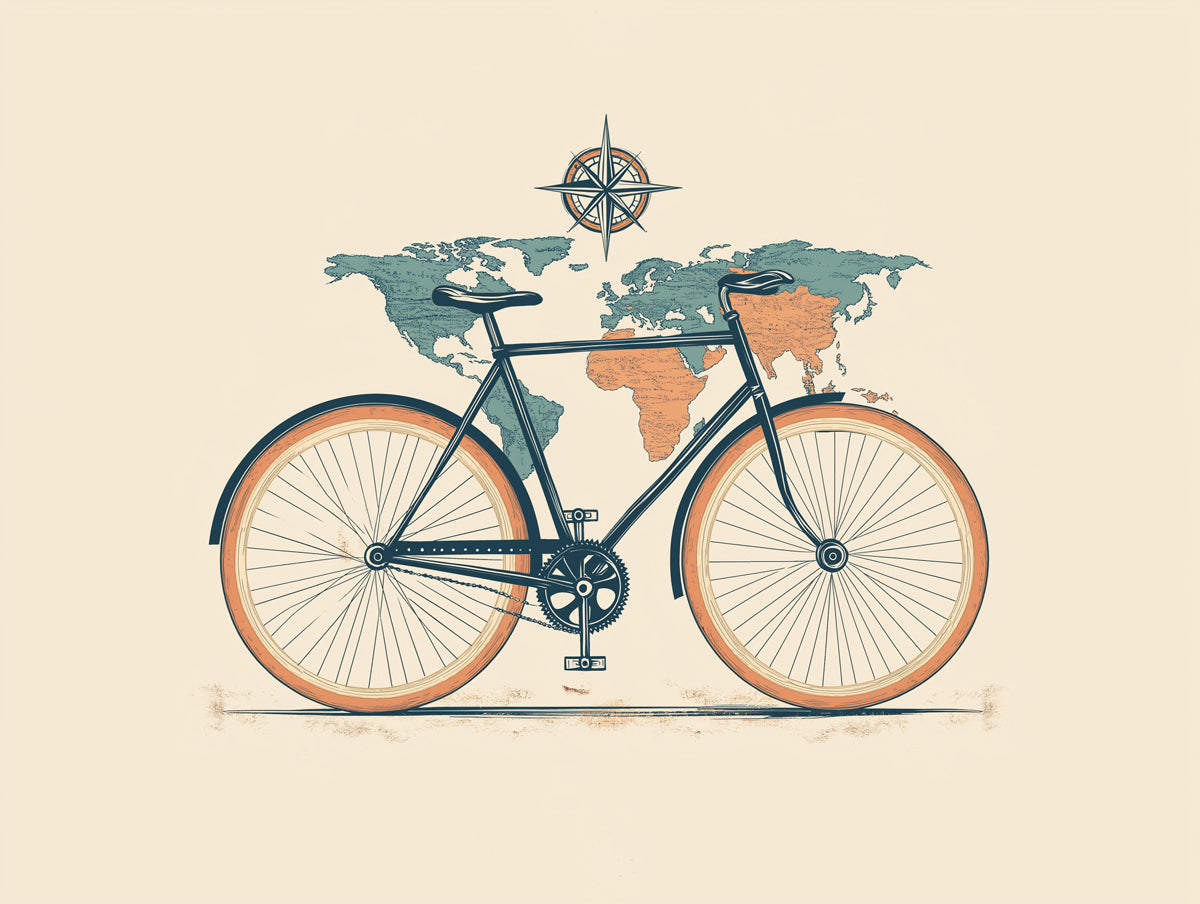 Graphic Bicycle with Duotone Map Mural Wallpaper | Retro Travel Art, Teal and Orange Contrast, Clean Style