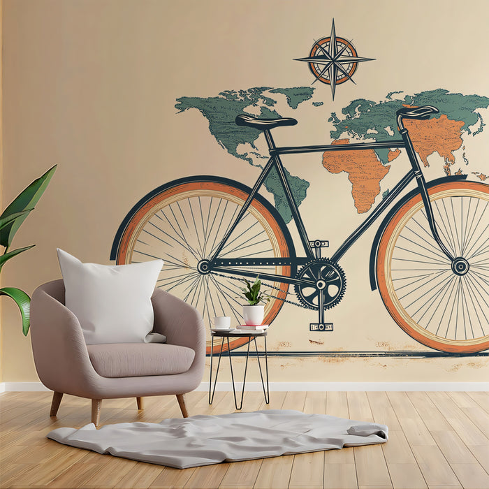 Graphic Bicycle with Duotone Map Mural Wallpaper | Retro Travel Art, Teal and Orange Contrast, Clean Style