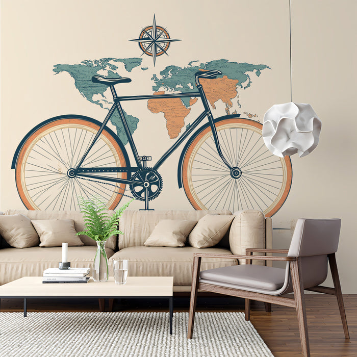 Graphic Bicycle with Duotone Map Mural Wallpaper | Retro Travel Art, Teal and Orange Contrast, Clean Style