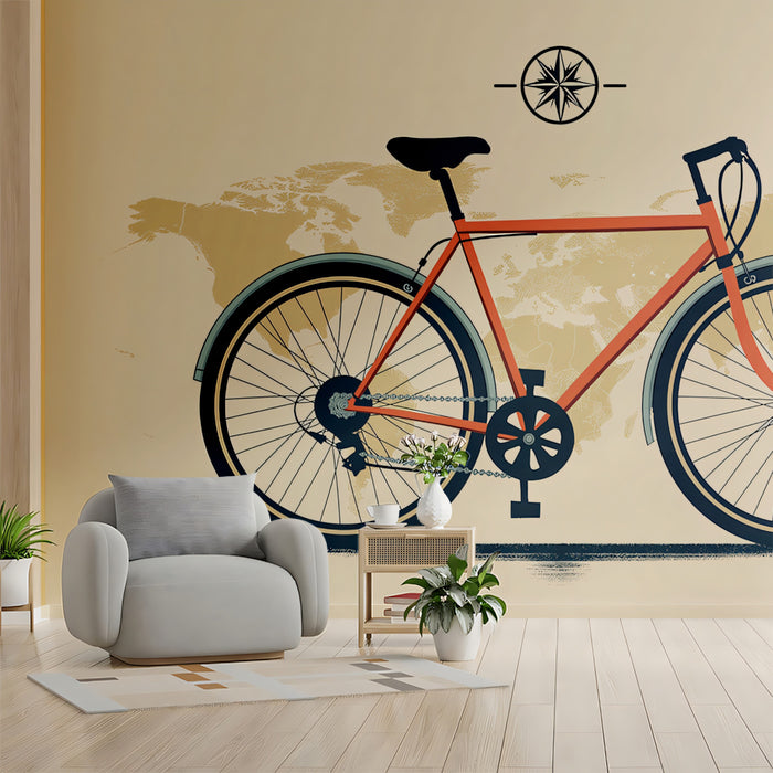 Modern Commuter Bicycle on Vintage Map Mural Wallpaper | Orange and Navy Palette, Clean Travel Illustration
