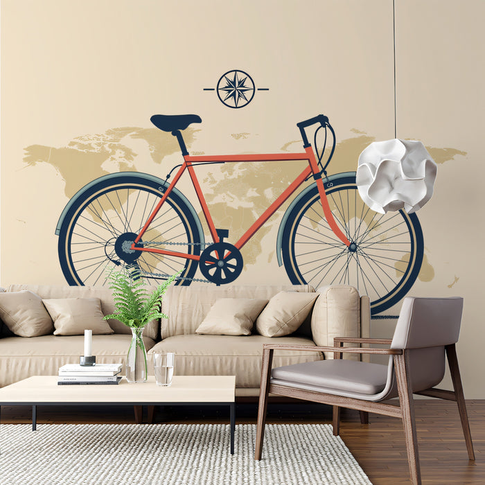 Modern Commuter Bicycle on Vintage Map Mural Wallpaper | Orange and Navy Palette, Clean Travel Illustration