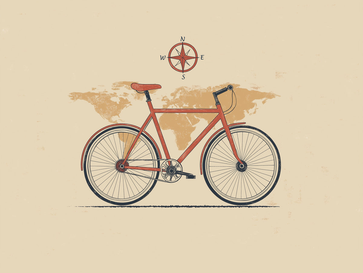 Minimalist Red Bicycle Mural Wallpaper | Hand-Drawn Style, Warm Sepia Map, Simple Travel Motif