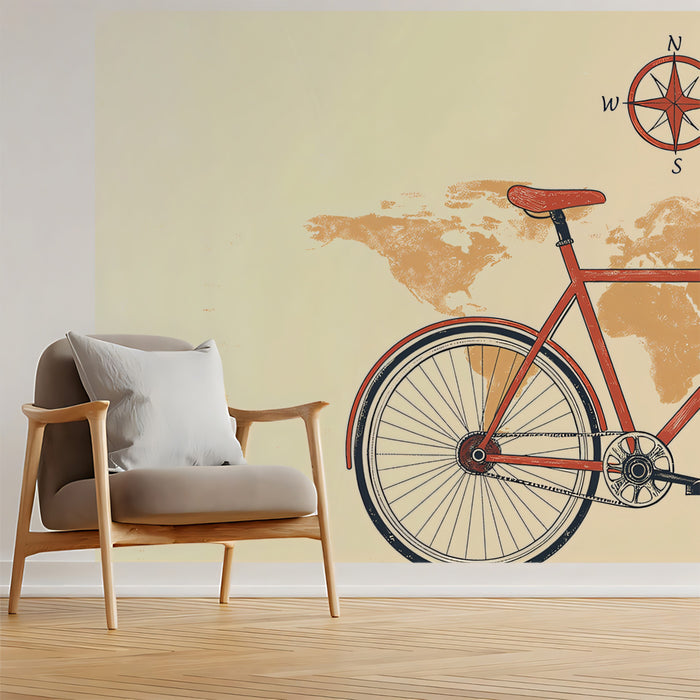Minimalist Red Bicycle Mural Wallpaper | Hand-Drawn Style, Warm Sepia Map, Simple Travel Motif