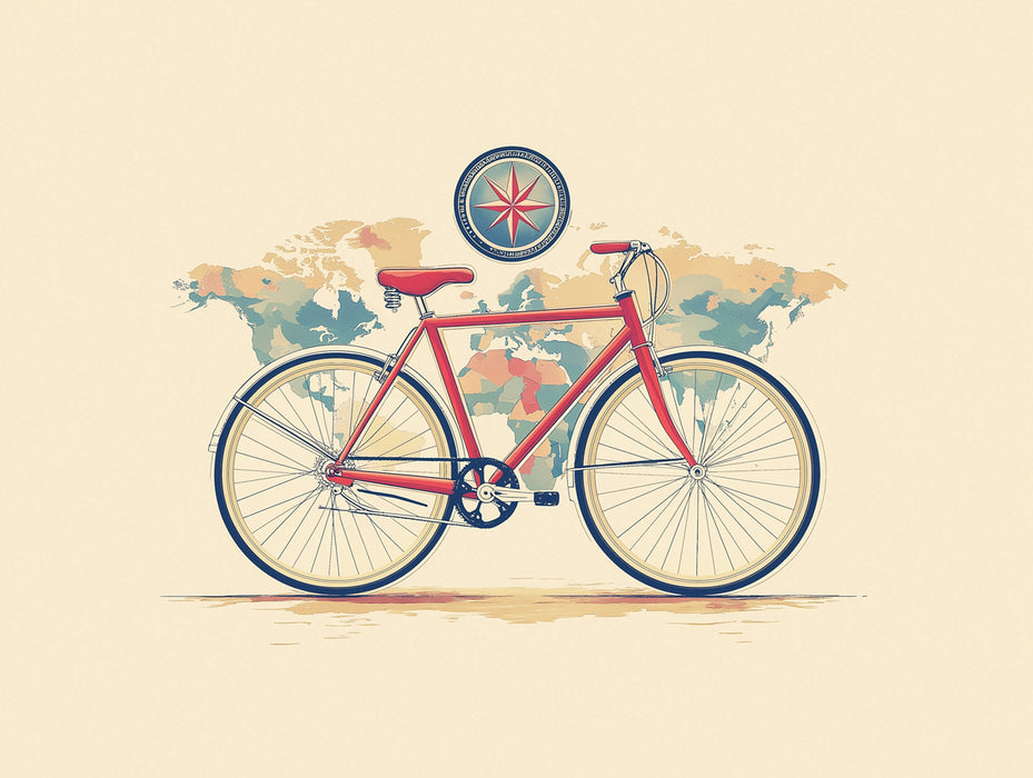 Pop of Red Bicycle on Vintage Map Mural Wallpaper | Vibrant Contrast, Retro Cartography, Travel Illustration