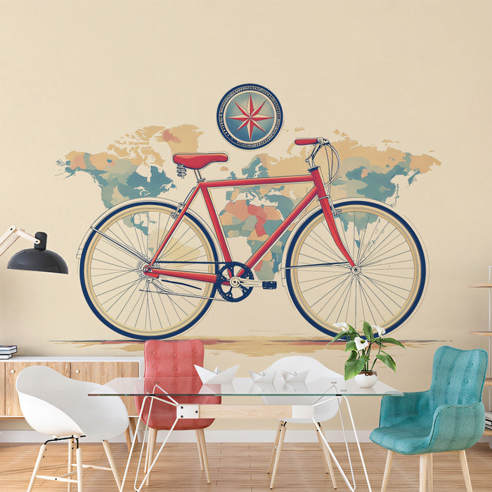 Pop of Red Bicycle on Vintage Map Mural Wallpaper | Vibrant Contrast, Retro Cartography, Travel Illustration