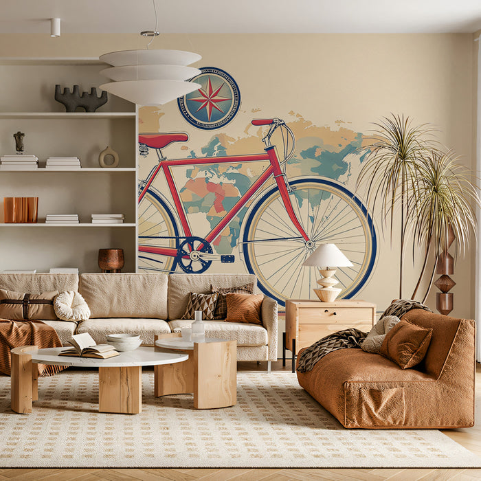 Pop of Red Bicycle on Vintage Map Mural Wallpaper | Vibrant Contrast, Retro Cartography, Travel Illustration