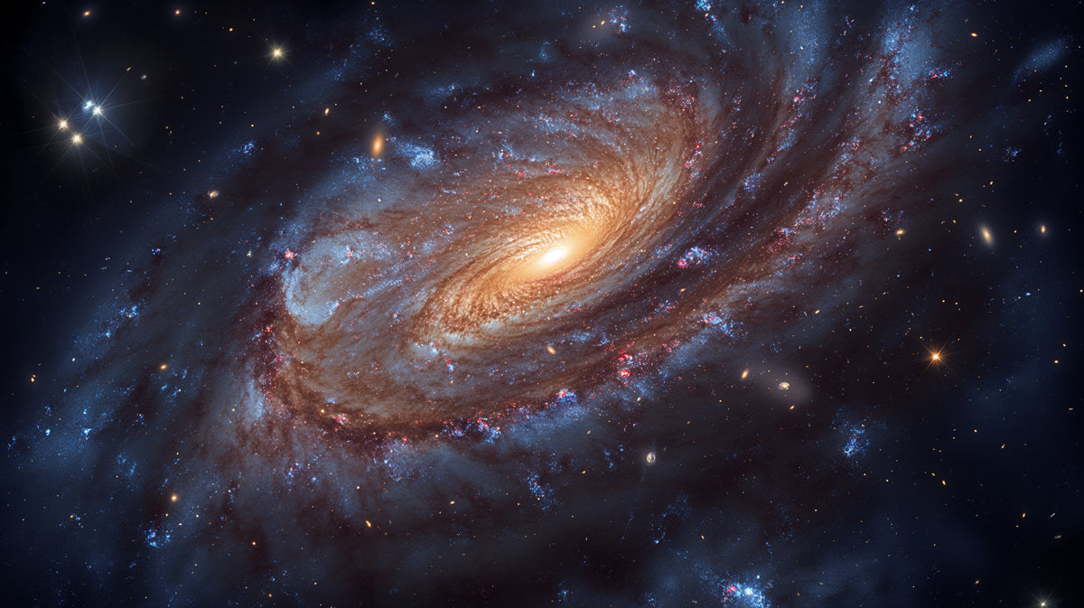 Spiral Galaxy Cosmic Mural Wallpaper | Warm Core Glow, Blue Star-Forming Regions, Deep Space