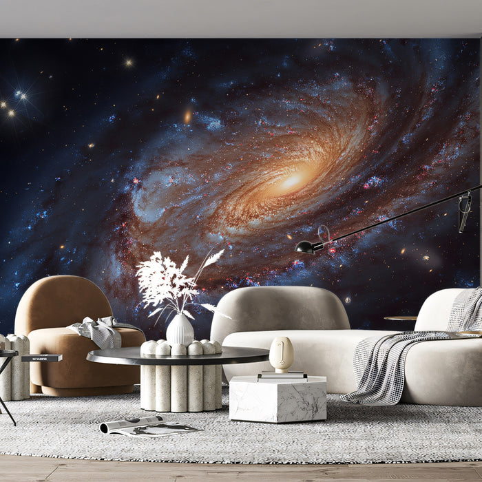 Spiral Galaxy Cosmic Mural Wallpaper | Warm Core Glow, Blue Star-Forming Regions, Deep Space